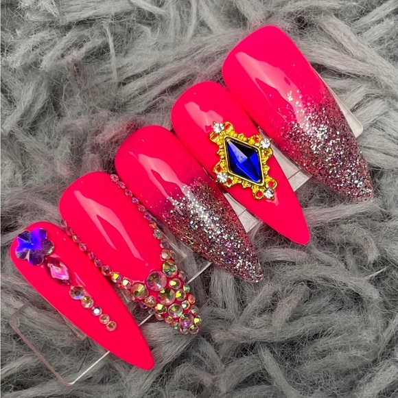 Long stiletto pink press on nails rhinestones glitter ombré nail charms handmade - Picture 2 of 2